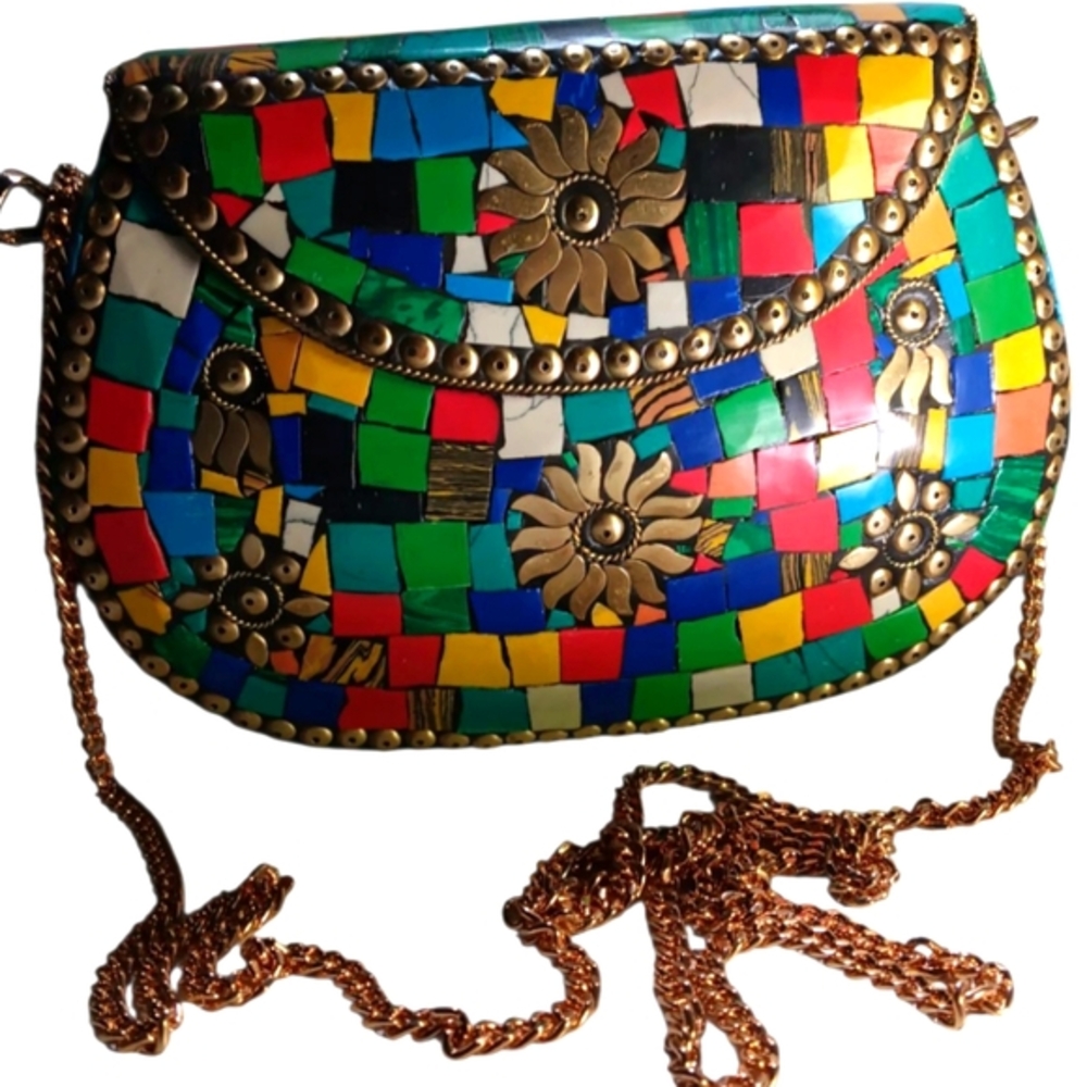 Ramla Handmade Mosaic Clutch & Crossbody Removeble Chain Strap Bag